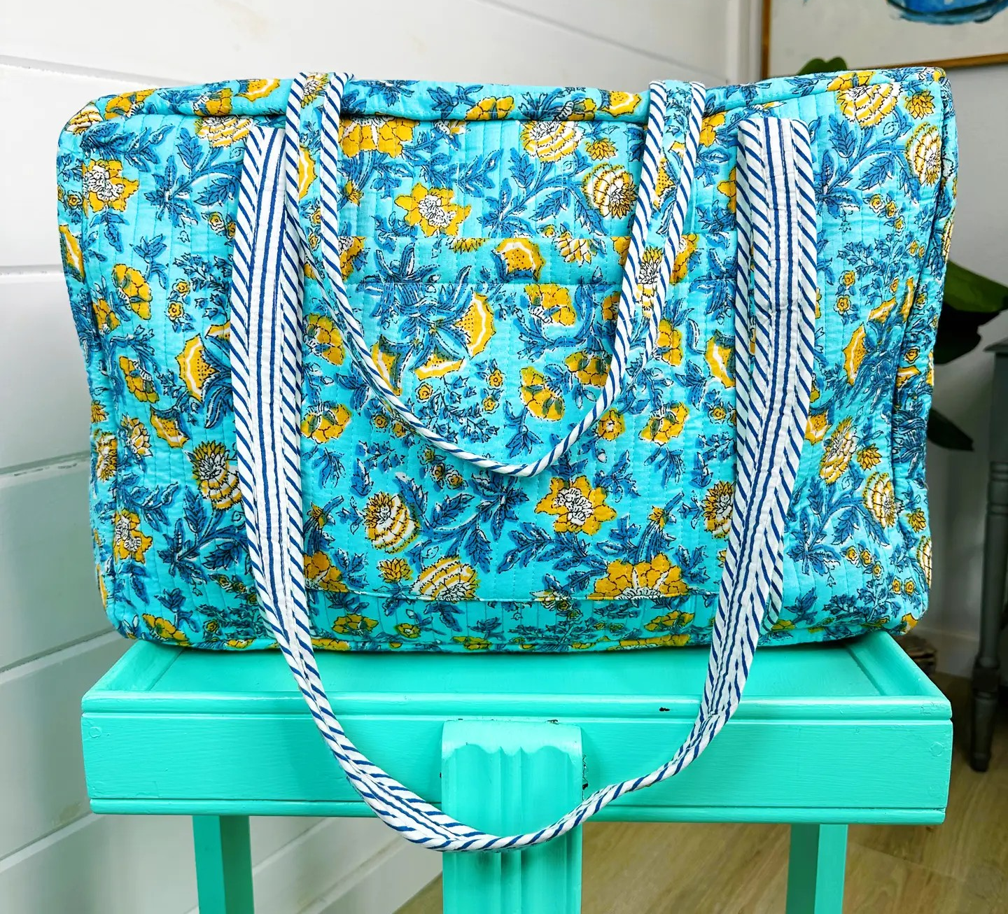 Aqua Yellow Floral Weekender