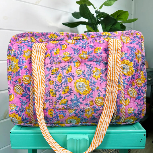 Pink/Yellow Floral Quilted Duffle/Weekender Bag
