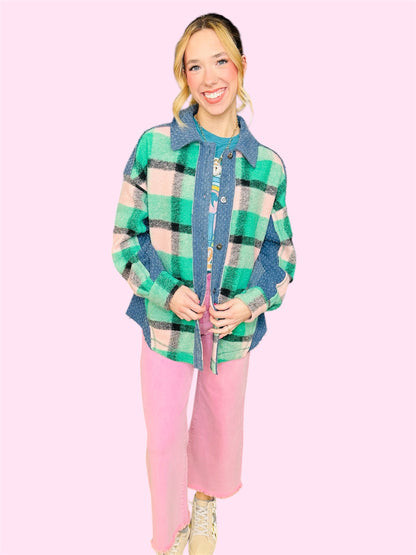 Plaid Shacket w/Denim Contrast-Green