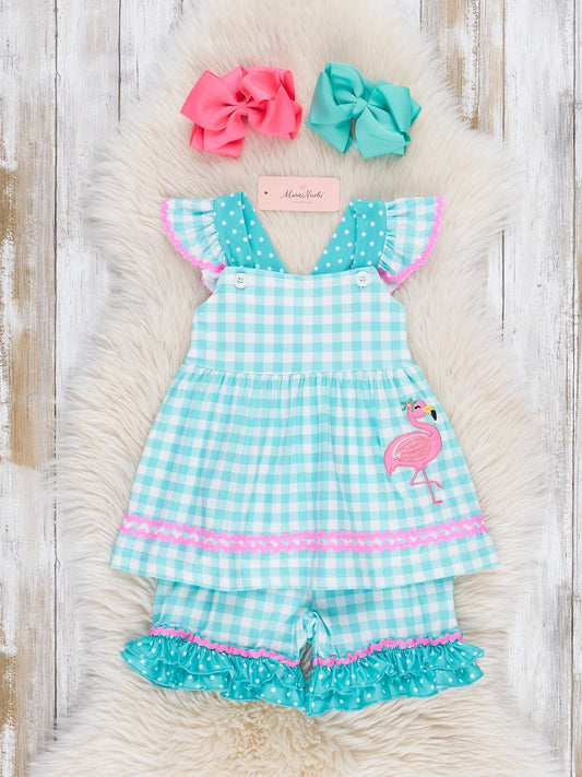 Gingham Embroidered Flamingo Set