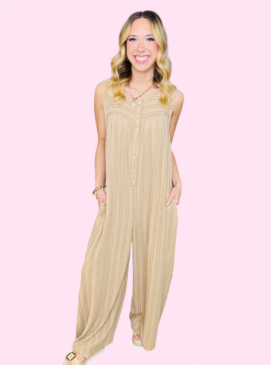 Textured Wide Leg Jumpsuit-Taupe