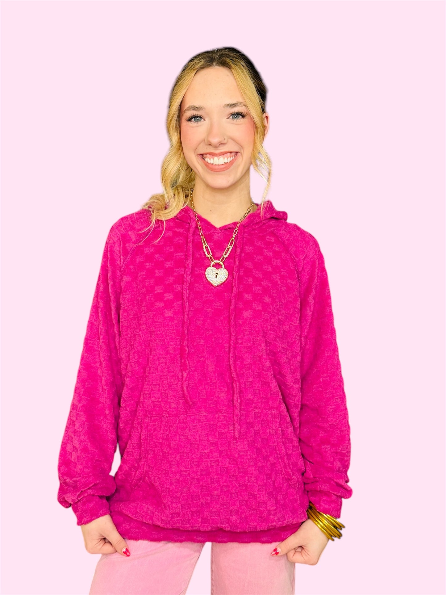 Brushed Checkered Knit Hoodie-Magenta