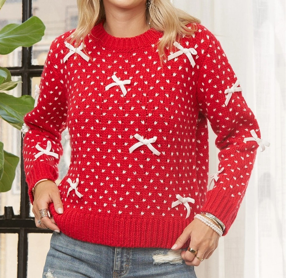 Red Crewneck Sweater w/Bow Accents