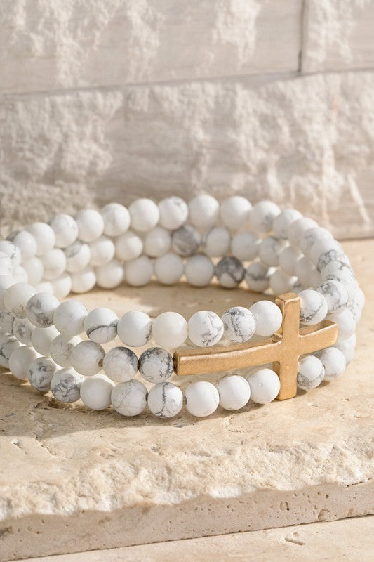 Cross Charm and Natural Stone Stretch Bracelet