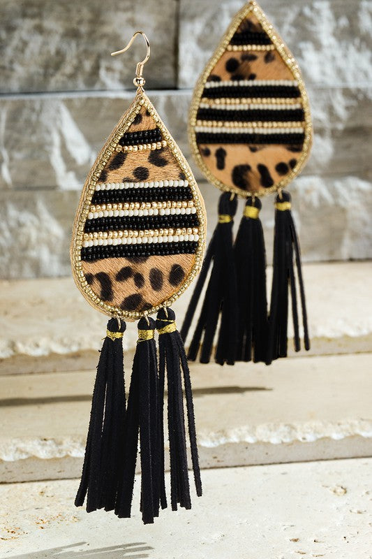 Black/Gold Seed Bead Tassel Earrings