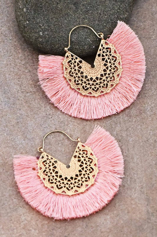 Boho Fan Hoop Earrings- Pink