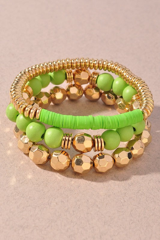 Wood Bead Metal Disc Bracelet Set-Green