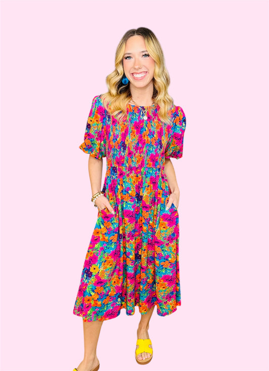 Floral Print Smocked Midi Dress