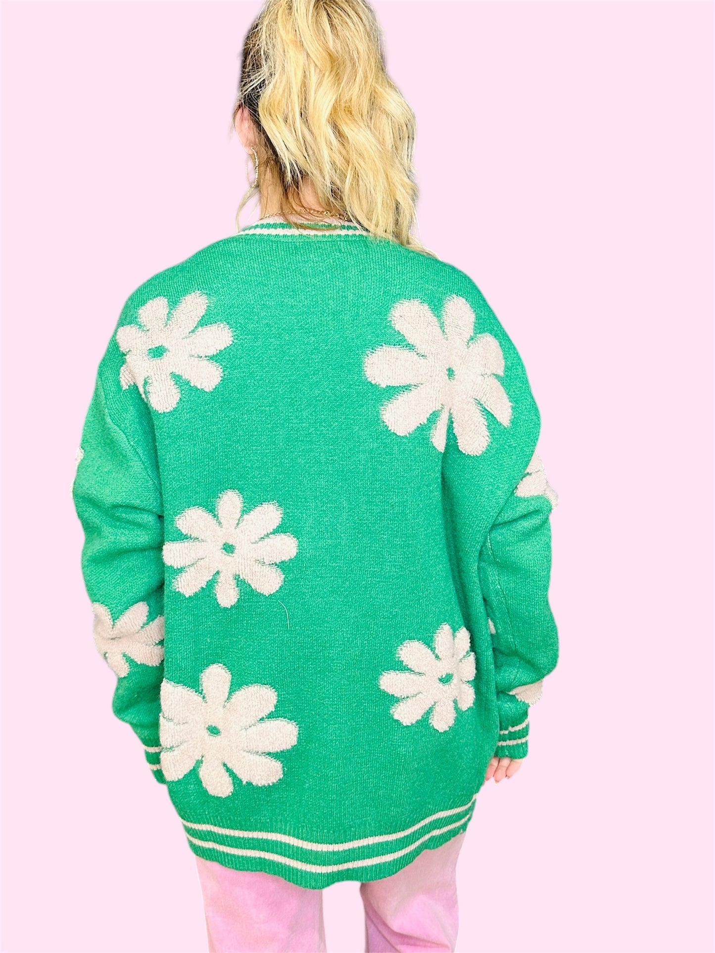 Green Flower Button Cardigan w/Stripe Border