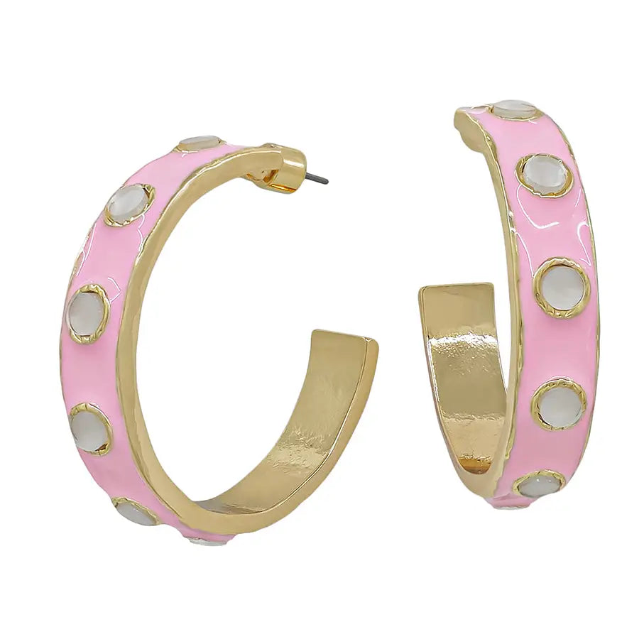 Pink Enamel Stud Hoop Earrings