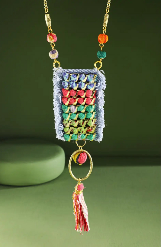 Colorful woven denim fabric pendant necklace with fringe tassel and gold chain