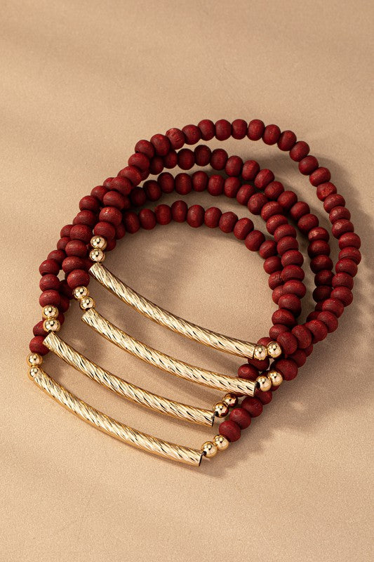 Wood & Gold Accent Bracelet Set- Burgundy