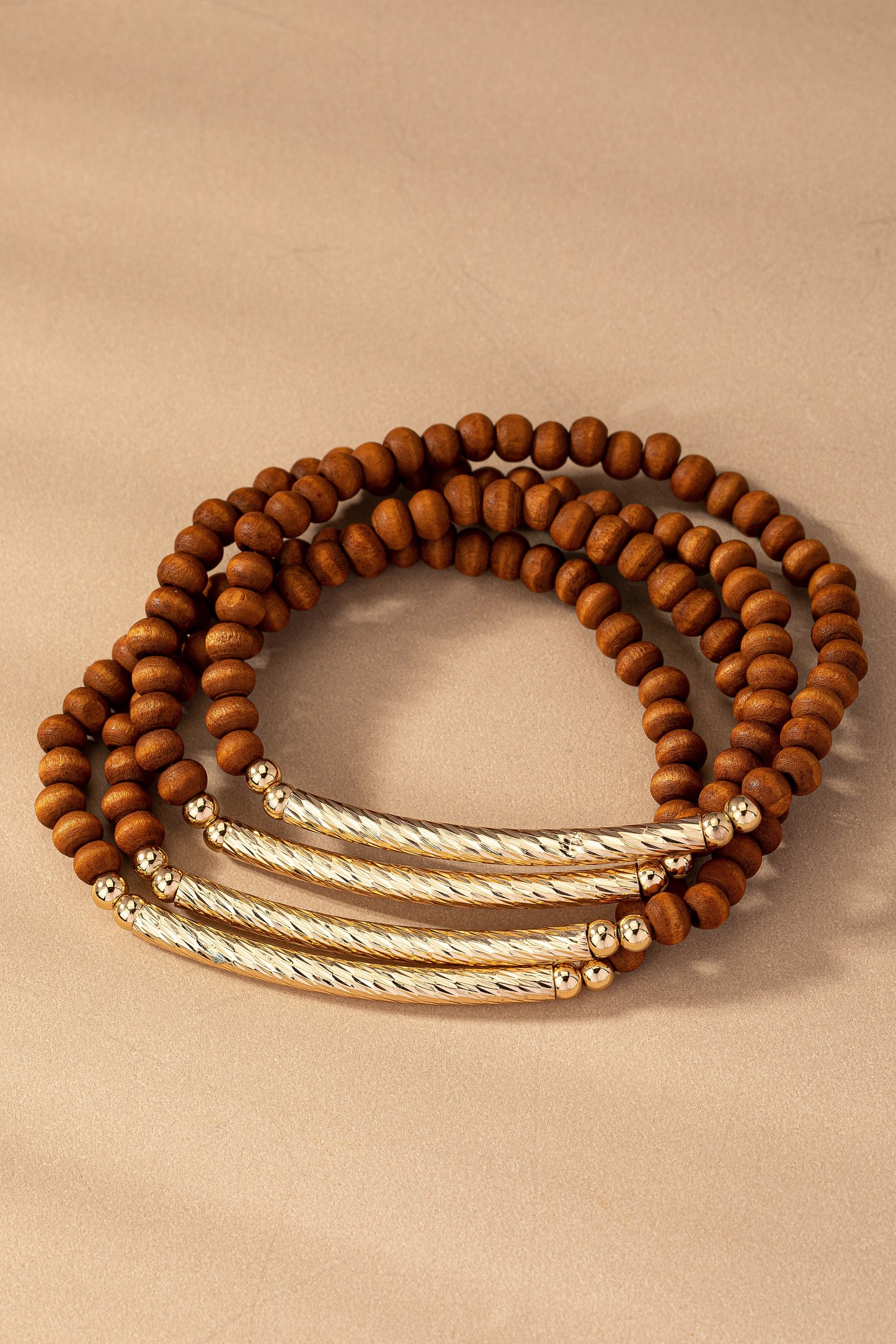 Wood & Gold Accent Bracelet Set- Brown