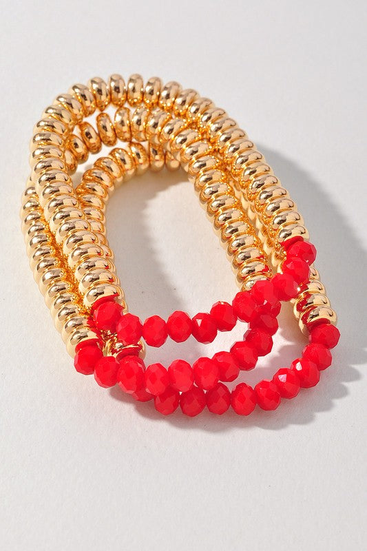 Gold Bead and Gemstone Bracelet Set-Red