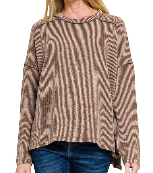 Brown Ribbed Long Sleeve Top
