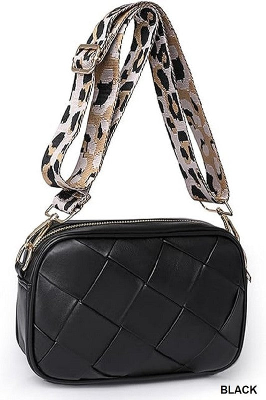 Leopard Strap Crossbody Shoulder Bag-Black