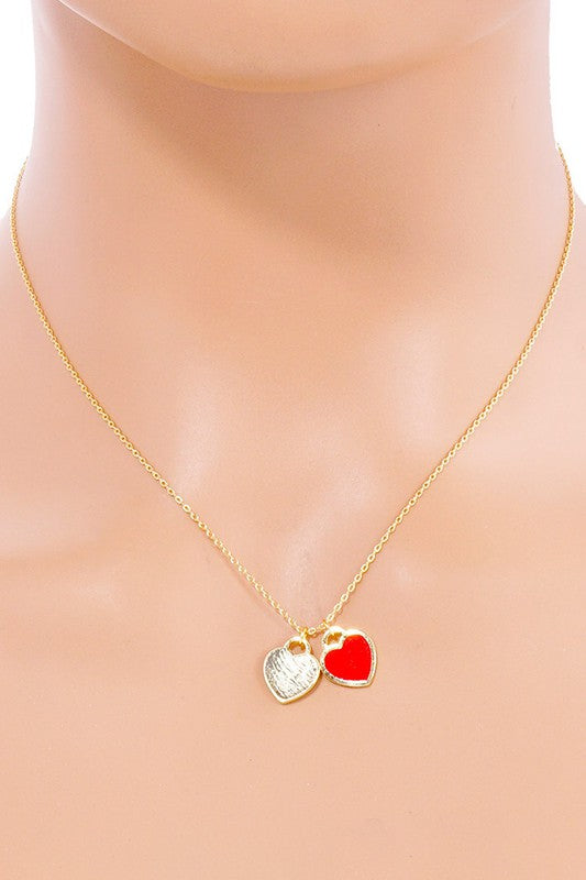 Enamel Double Heart Necklace- Red