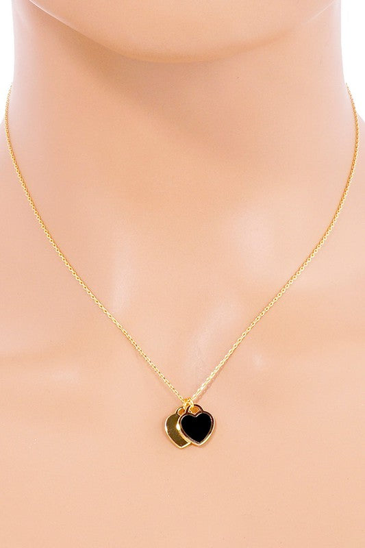 Enamel Double Heart Necklace- Black