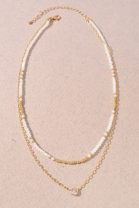 Beaded/Brass Layered Necklace-White
