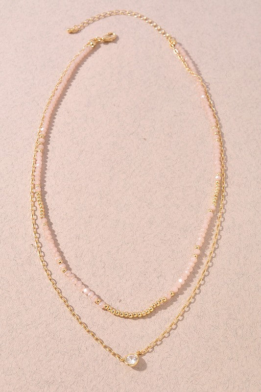 Beaded/Brass Layered Necklace-Pink