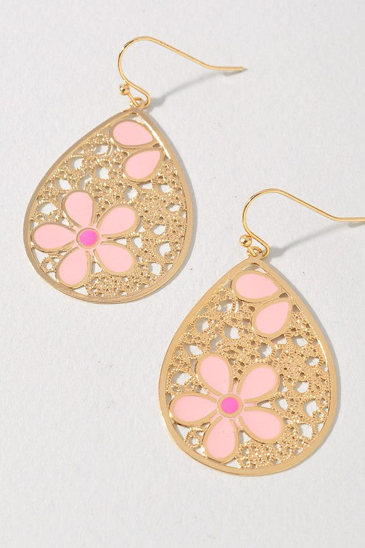 Flower Teardrop Metal Earrings-Pink