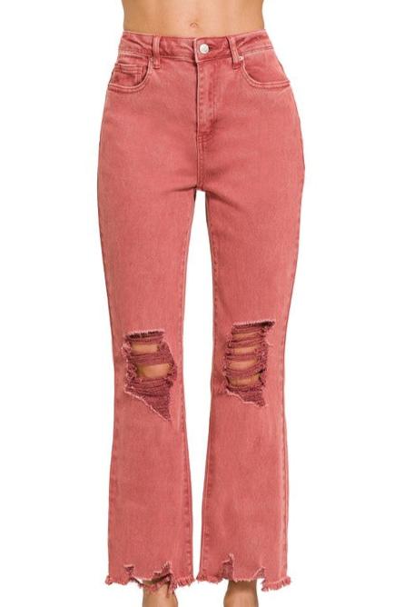 Acid Washed Distressed Jeans-Cabernet