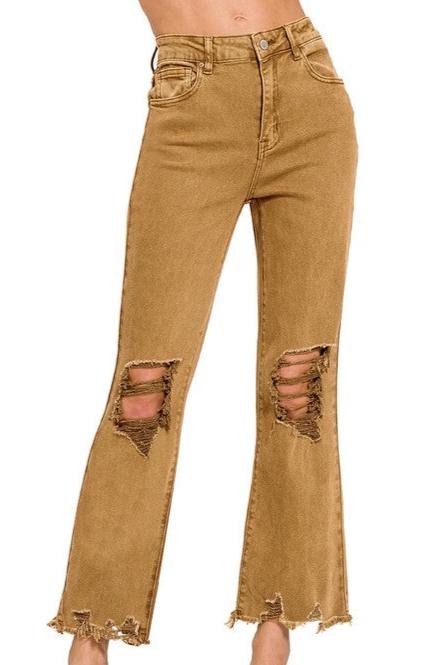 Acid Washed Distressed Jeans-Deep Camel