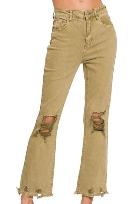 Acid Washed Distressed Jeans-Lt Camel