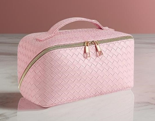 Woven Vegan Leather Cosmetic Case-Pink