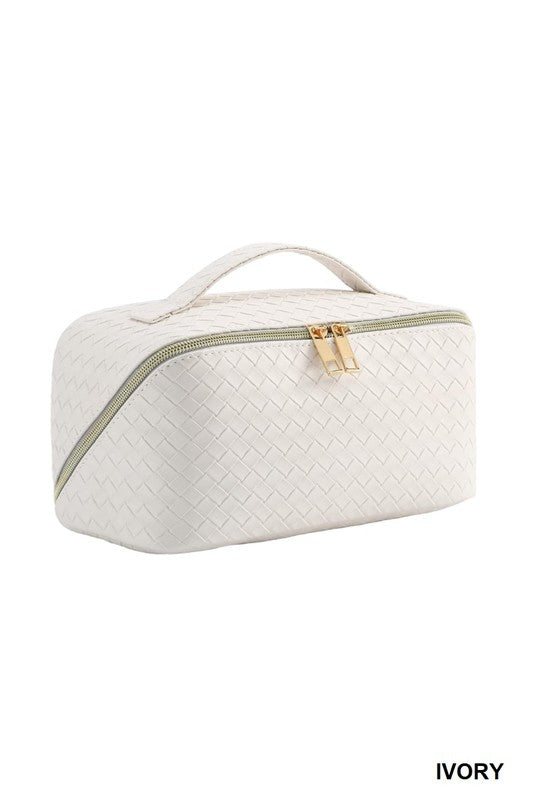 Woven Vegan Leather Cosmetic Case-Ivory