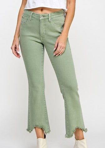 Mid-Rise Tummy Control Distressed Flares-Olive