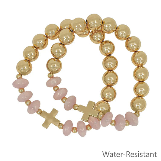 Blush Cross Beaded Bracelet Set (Water-Resistant)