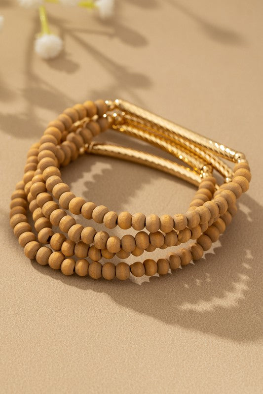 Wood & Gold Accent Bracelet Set- Camel