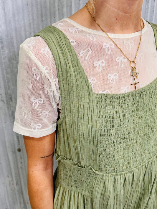 Ribbon Embroidered Mesh Top- Cream