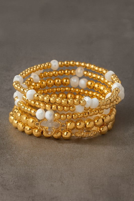Gold & White Beaded Bracelet Set