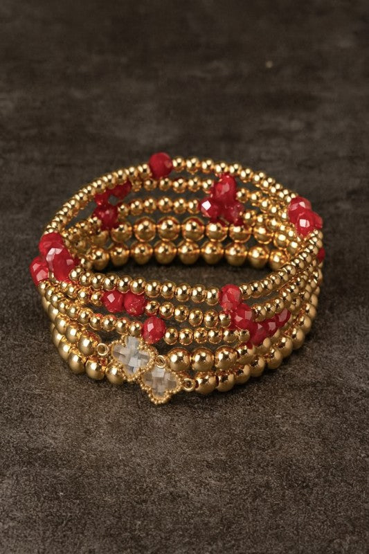Gold & Red Beaded Bracelet Set