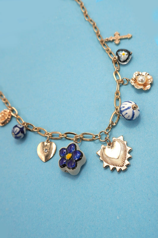Blue Porcelain & Heart Charm Necklace