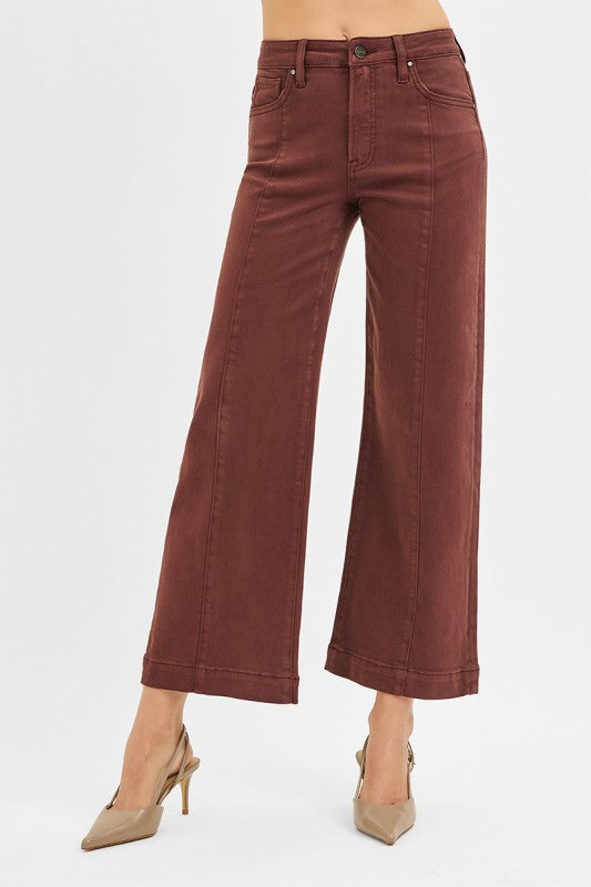 Risen mocha wide leg tummy control jeans with high rise and cropped inseam.