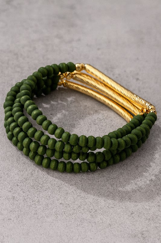 Wood & Gold Accent Bracelet Set- Green