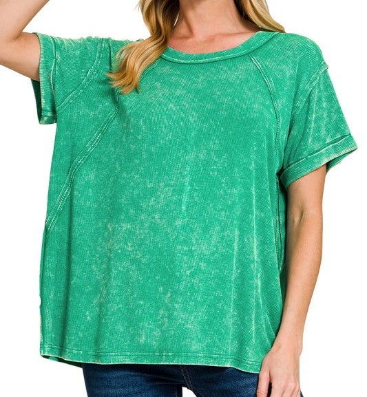 Zenana Washed Ribbed Top-K. Green