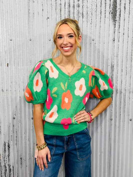 Petal Pop Puff Sleeve Sweater-Emerald
