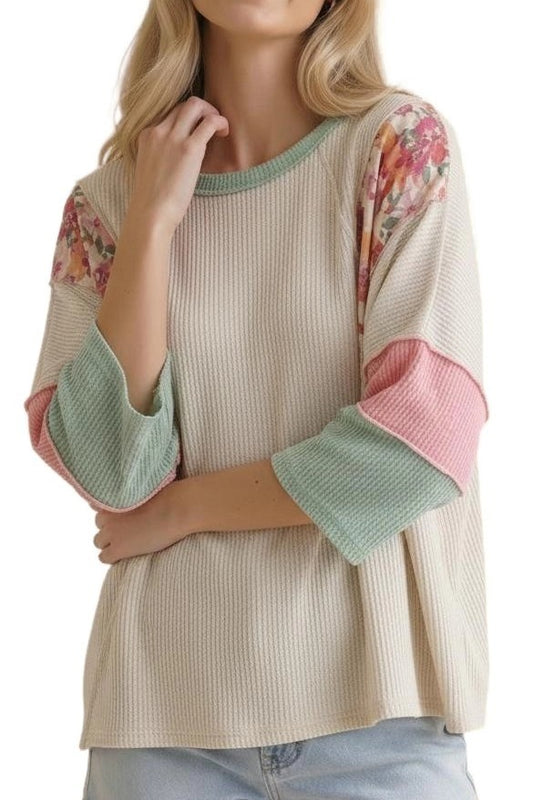 Floral Color Block Ribbed Top