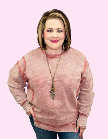 Acid Washed Ribbed Exposed Seam Pullover-Winter Rose