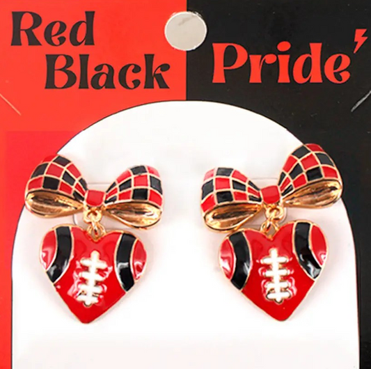 Pair of red and black football heart earrings with checkered bow design and gold-tone accents.
