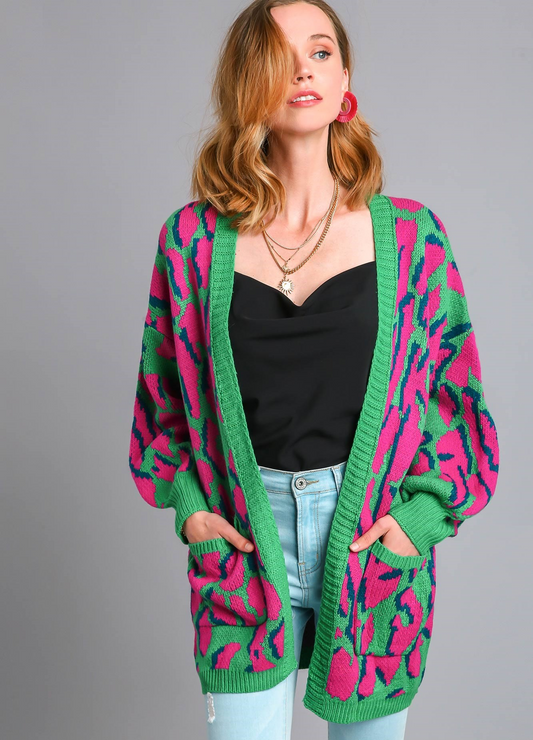 Animal Print Cardigan-Green Mix