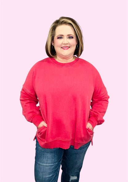 Red Pigment-Dyed Hi-Low Sweatshirt