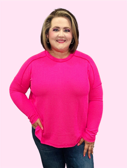 Hot Pink Ribbed Long Sleeve Top