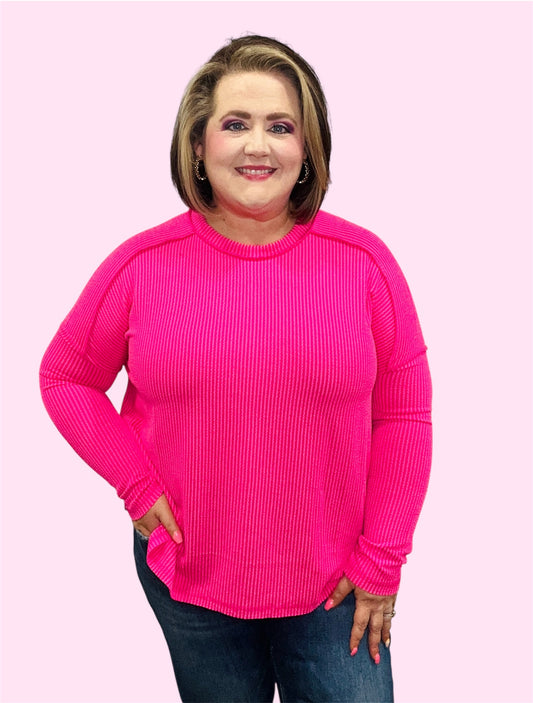 Hot Pink Ribbed Long Sleeve Top