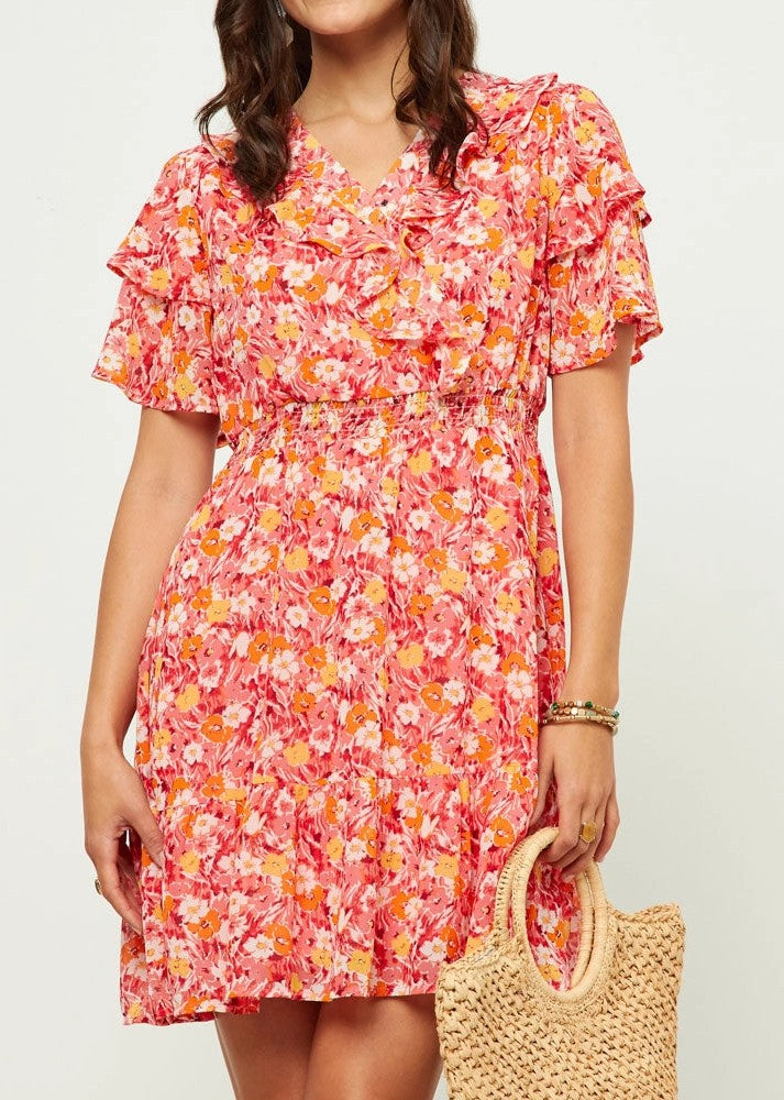 Coral Floral Ruffle Tiered Dress