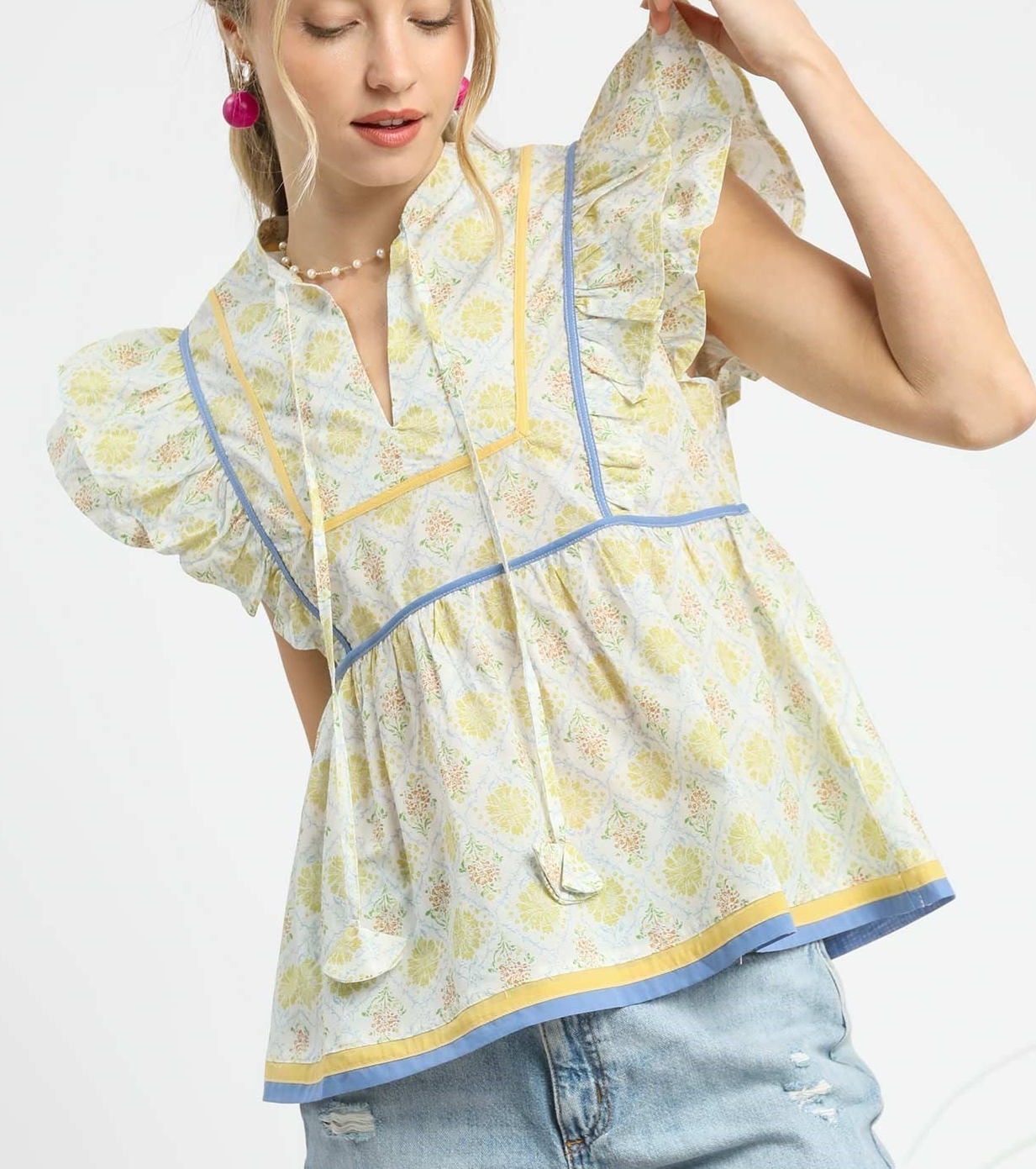Floral Ruffle Sleeve-Honey Mix